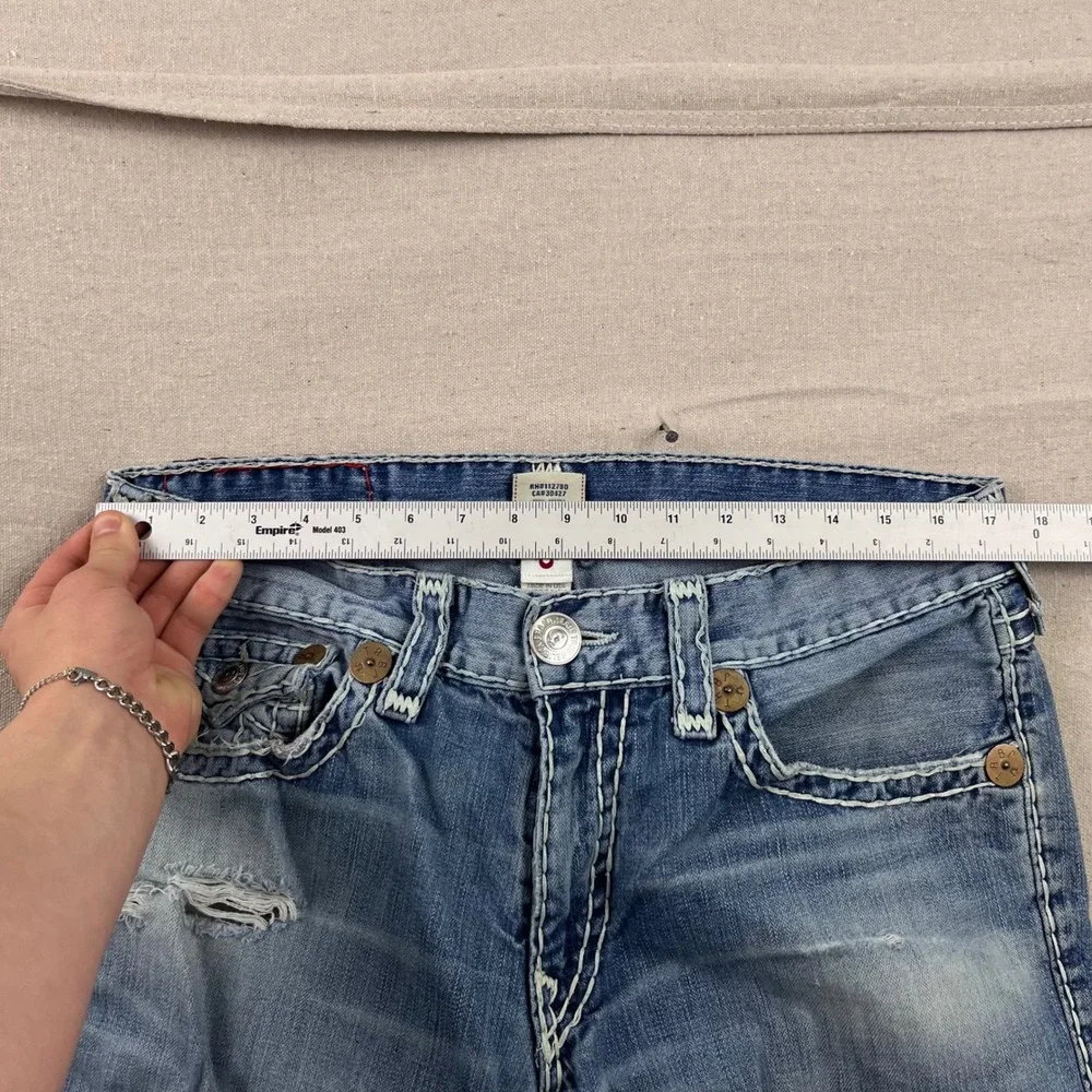 True Religion Joey‎ Super T Jeans Mens 36 Blue Distressed Flare Twisted Seam Low